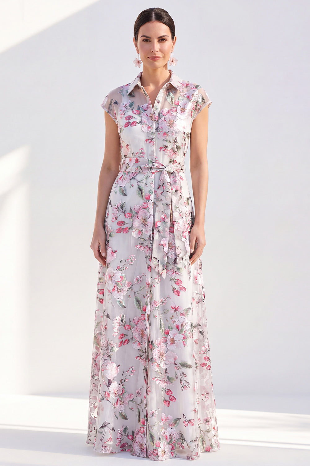 Grey Cap Sleeves A Line Lapel Floral Long Mother of the Bride Dress