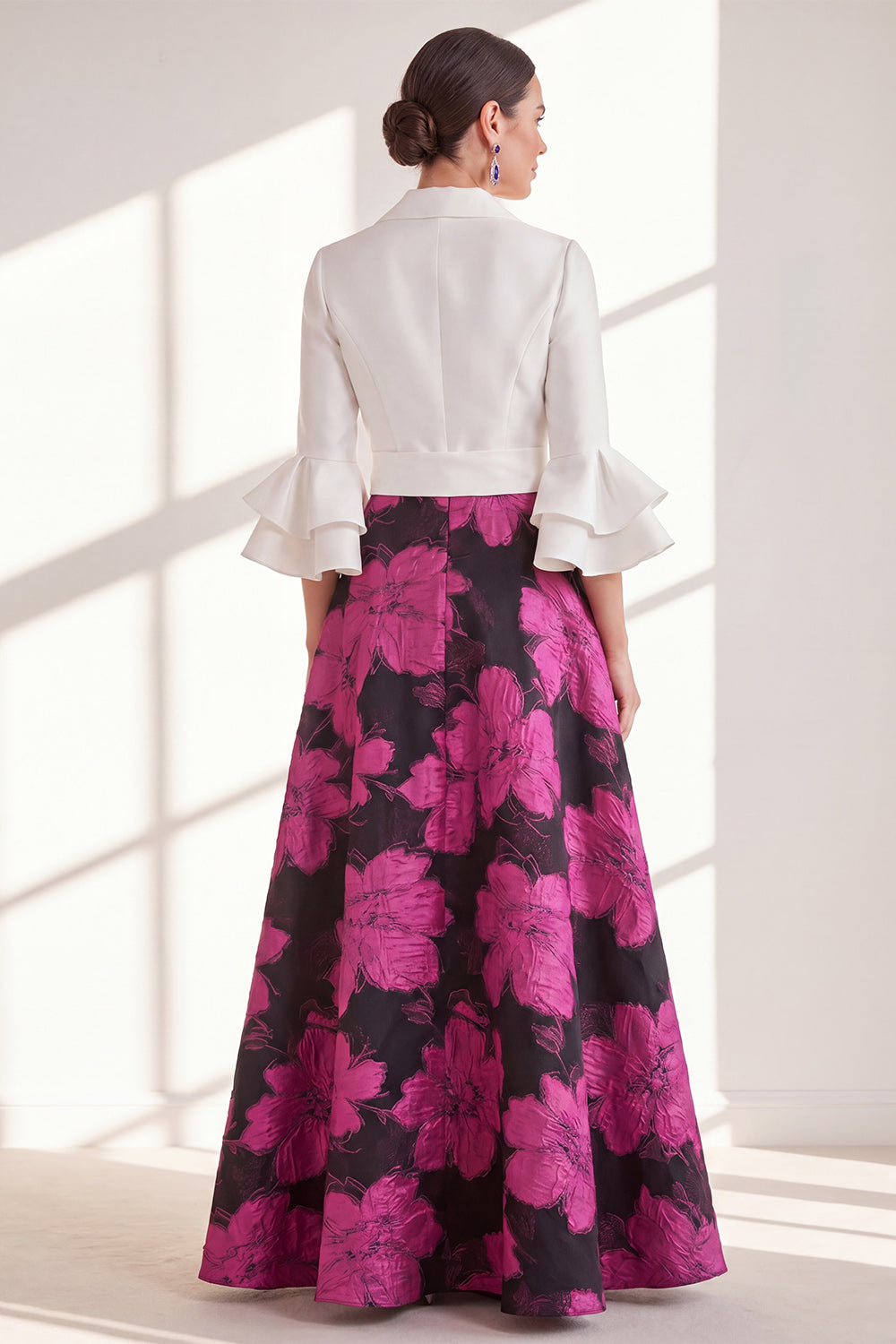 Fuchsia Flower V-Neck A Line Long Mother of the Bride Dress with Ruffled Sleeves