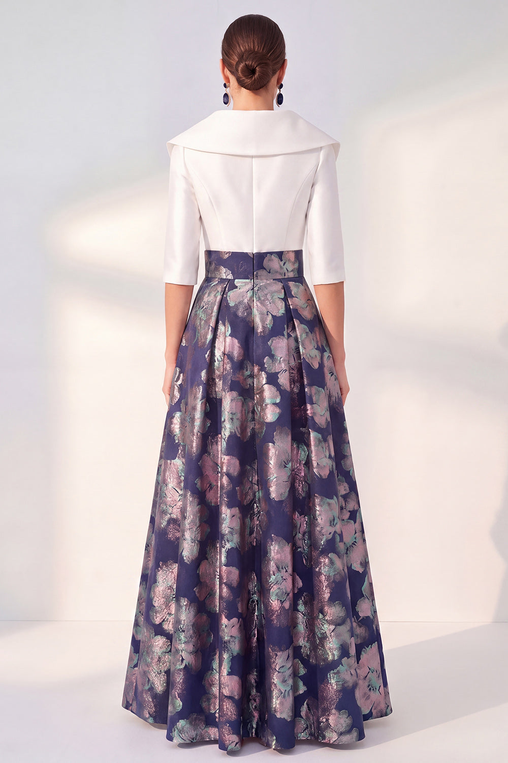 Yellow Floral 3/4 Sleeves Jacquard A Line Long Mother of the Bride Dress