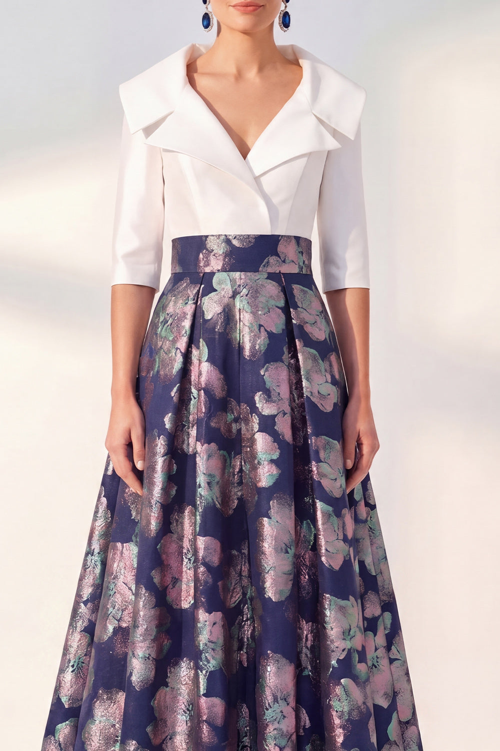 Yellow Floral 3/4 Sleeves Jacquard A Line Long Mother of the Bride Dress