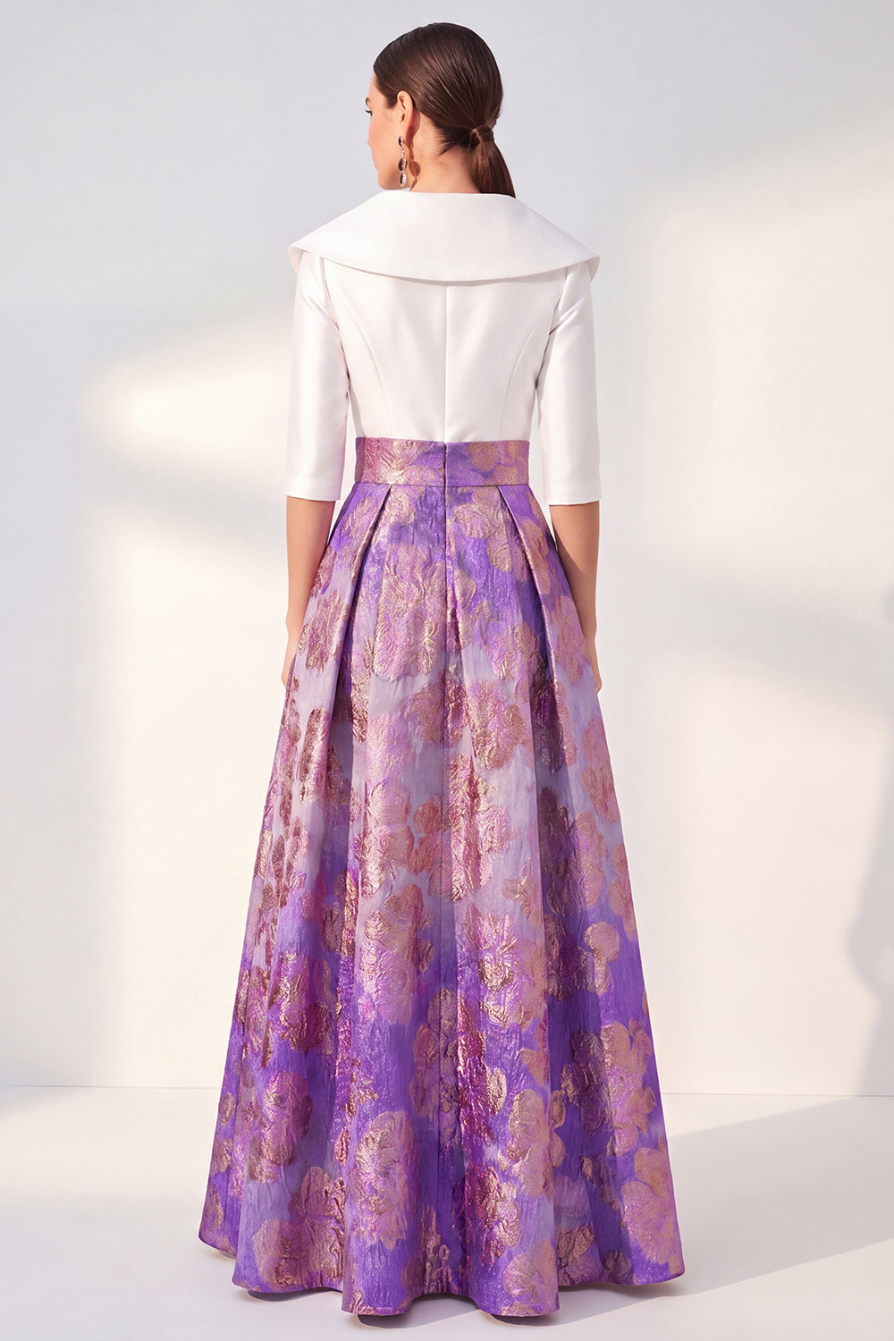 Yellow Floral 3/4 Sleeves Jacquard A Line Long Mother of the Bride Dress