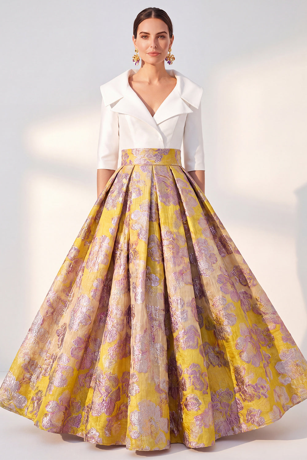 Yellow Floral 3/4 Sleeves Jacquard A Line Long Mother of the Bride Dress