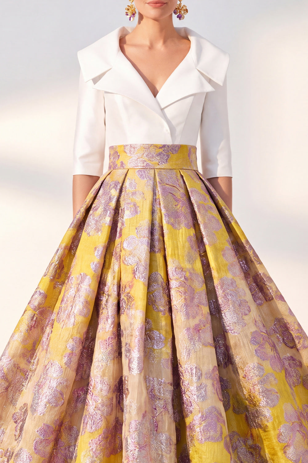 Yellow Floral 3/4 Sleeves Jacquard A Line Long Mother of the Bride Dress