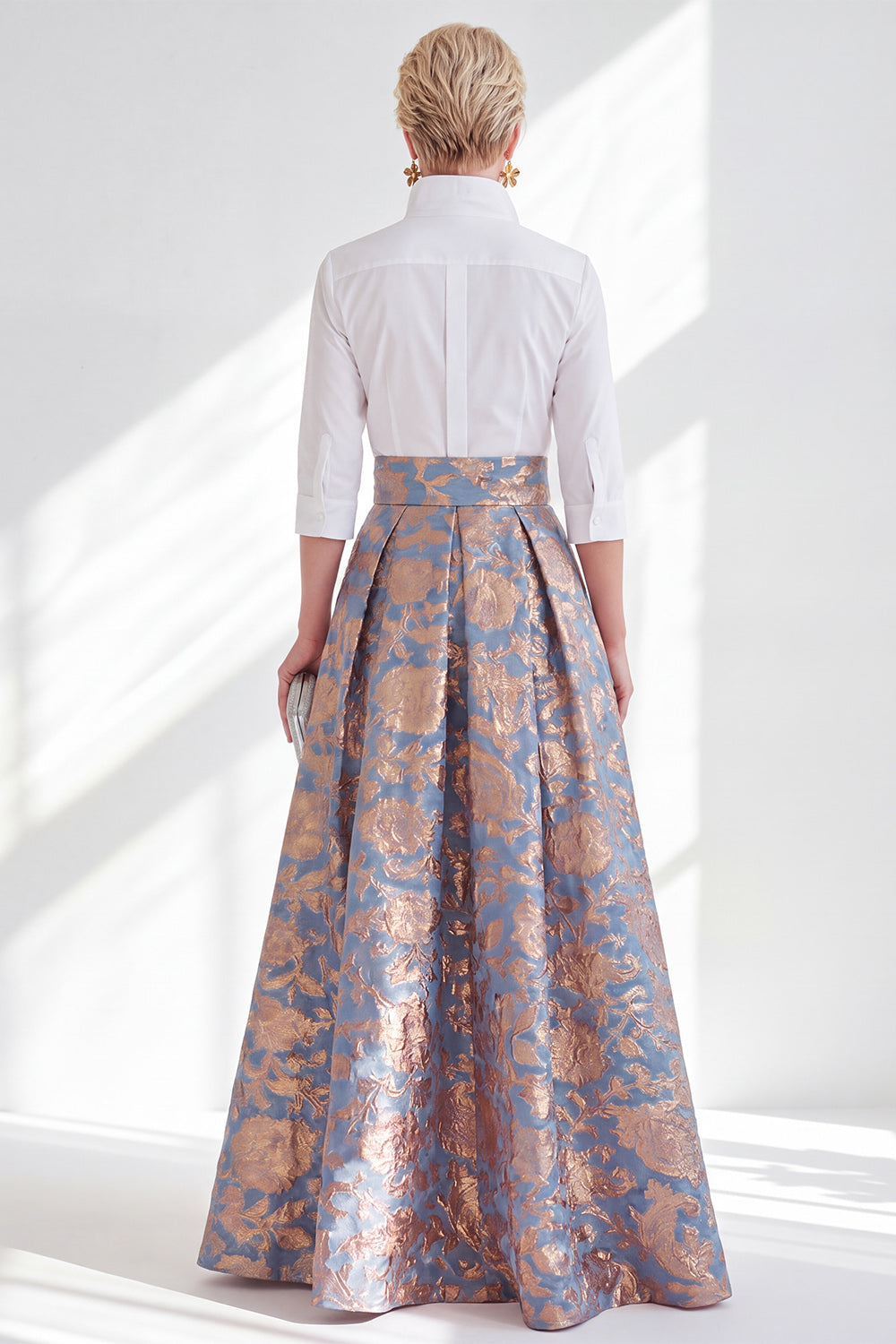 A Line Blue Pink Flower Lapel 3/4 Sleeves Long Mother of the Bride Dress