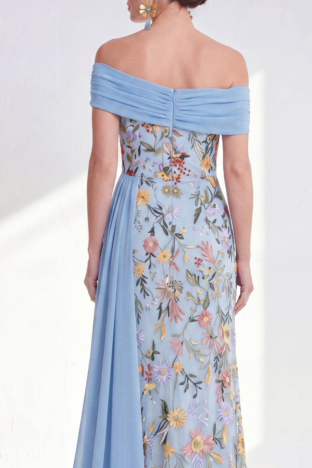 Floral Mermaid Ruffled Blue Long Mother of the Bride Dress with Side Cape
