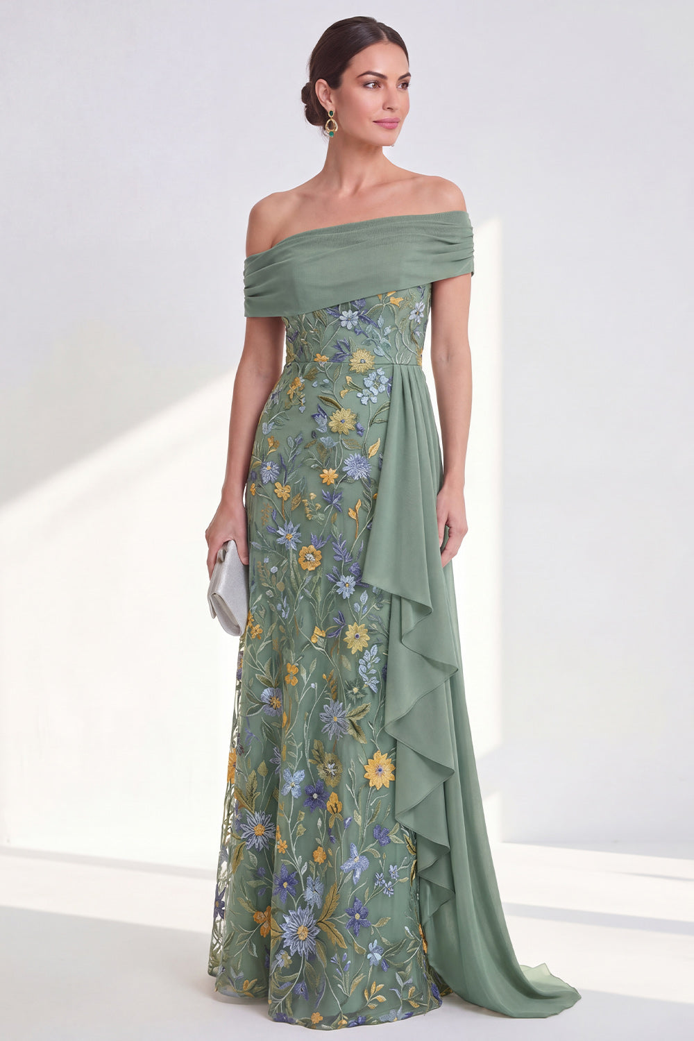 Floral Mermaid Ruffled Blue Long Mother of the Bride Dress with Side Cape