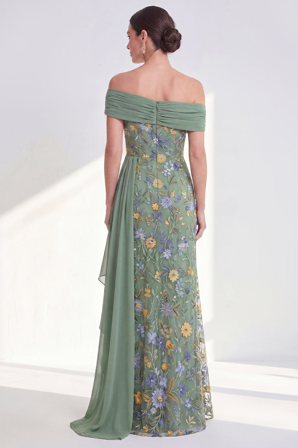 Floral Mermaid Ruffled Blue Long Mother of the Bride Dress with Side Cape