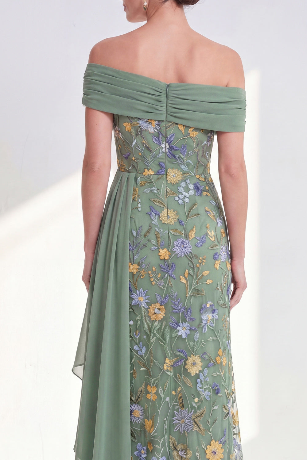Floral Mermaid Ruffled Blue Long Mother of the Bride Dress with Side Cape
