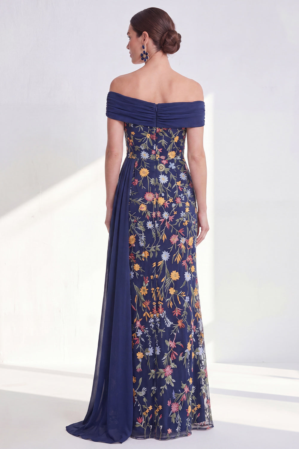 Floral Mermaid Ruffled Blue Long Mother of the Bride Dress with Side Cape