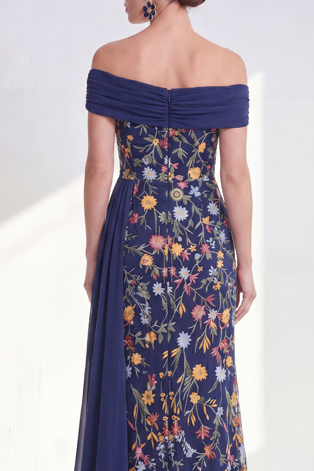Floral Mermaid Ruffled Blue Long Mother of the Bride Dress with Side Cape