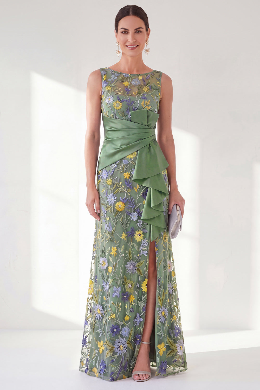 Green Mermaid Floral Ruched Long Mother of the Bride Dress with Slit