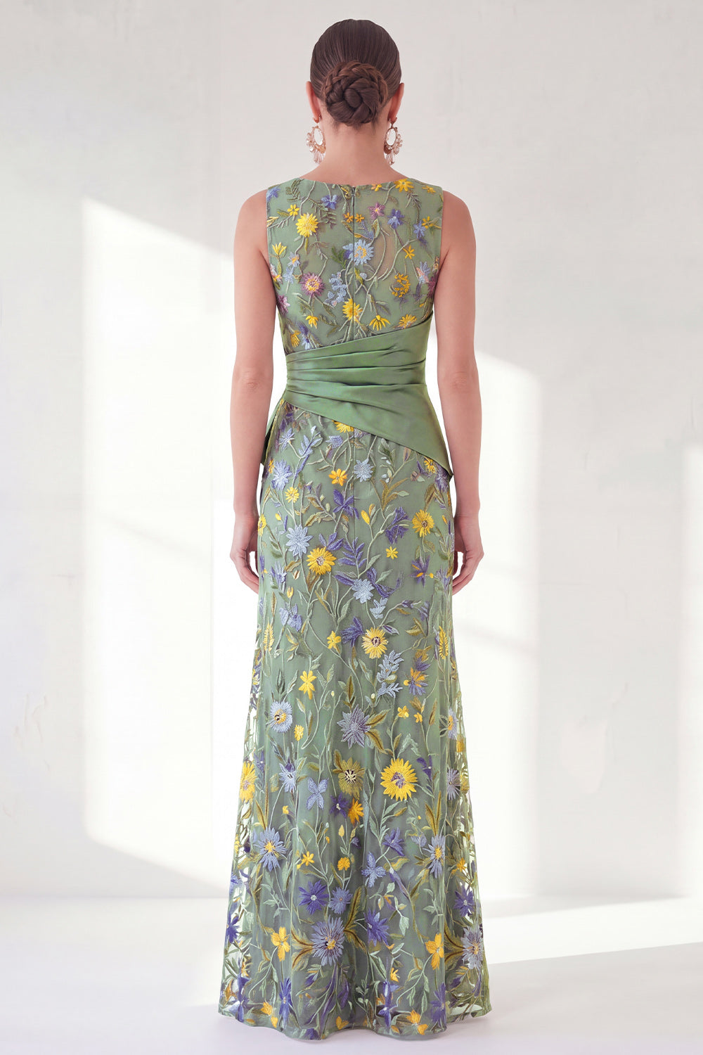 Green Mermaid Floral Ruched Long Mother of the Bride Dress with Slit