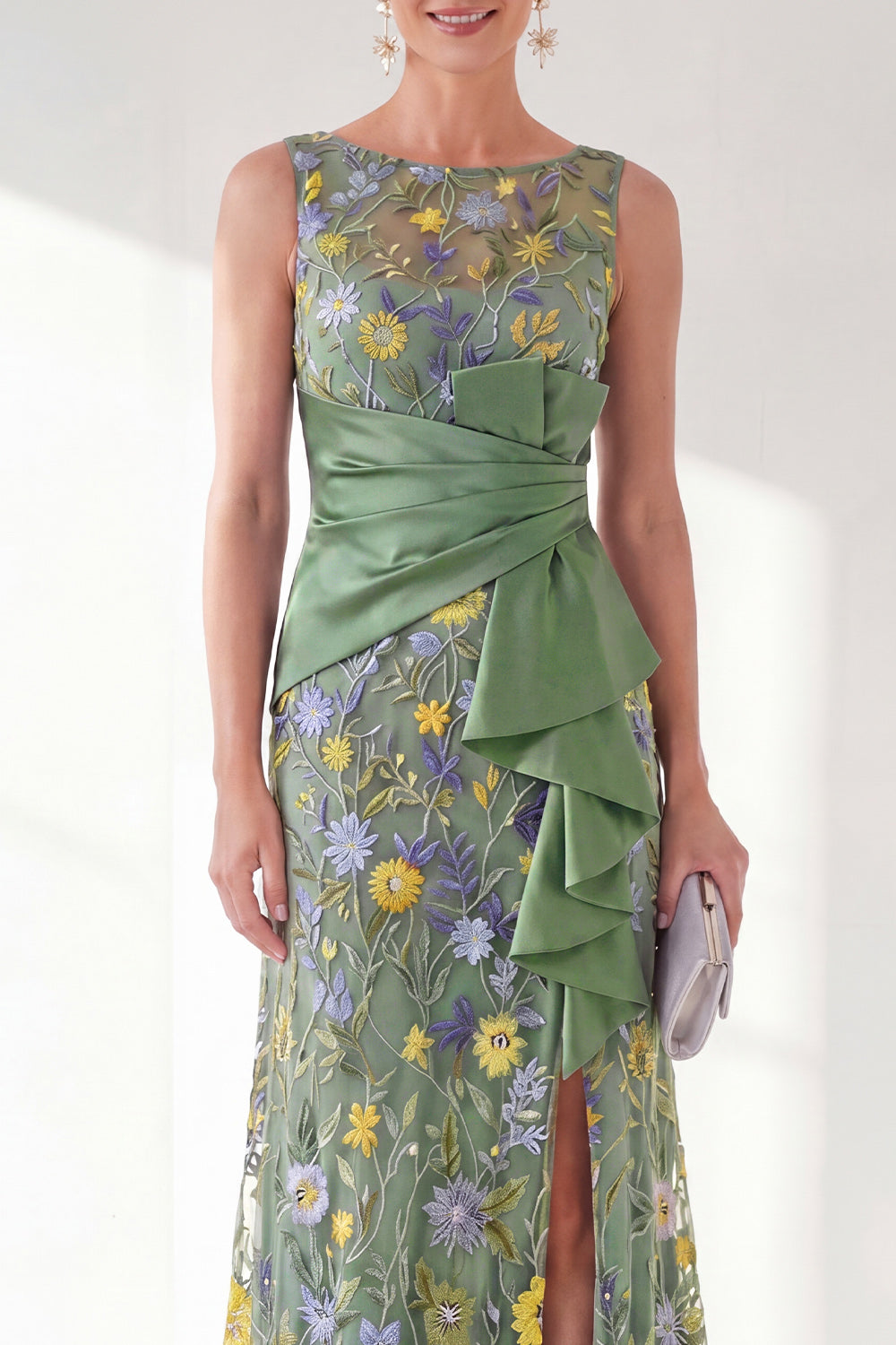 Green Mermaid Floral Ruched Long Mother of the Bride Dress with Slit