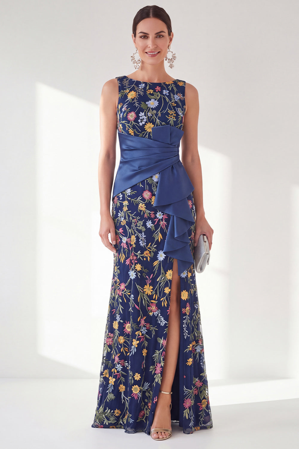 Green Mermaid Floral Ruched Long Mother of the Bride Dress with Slit