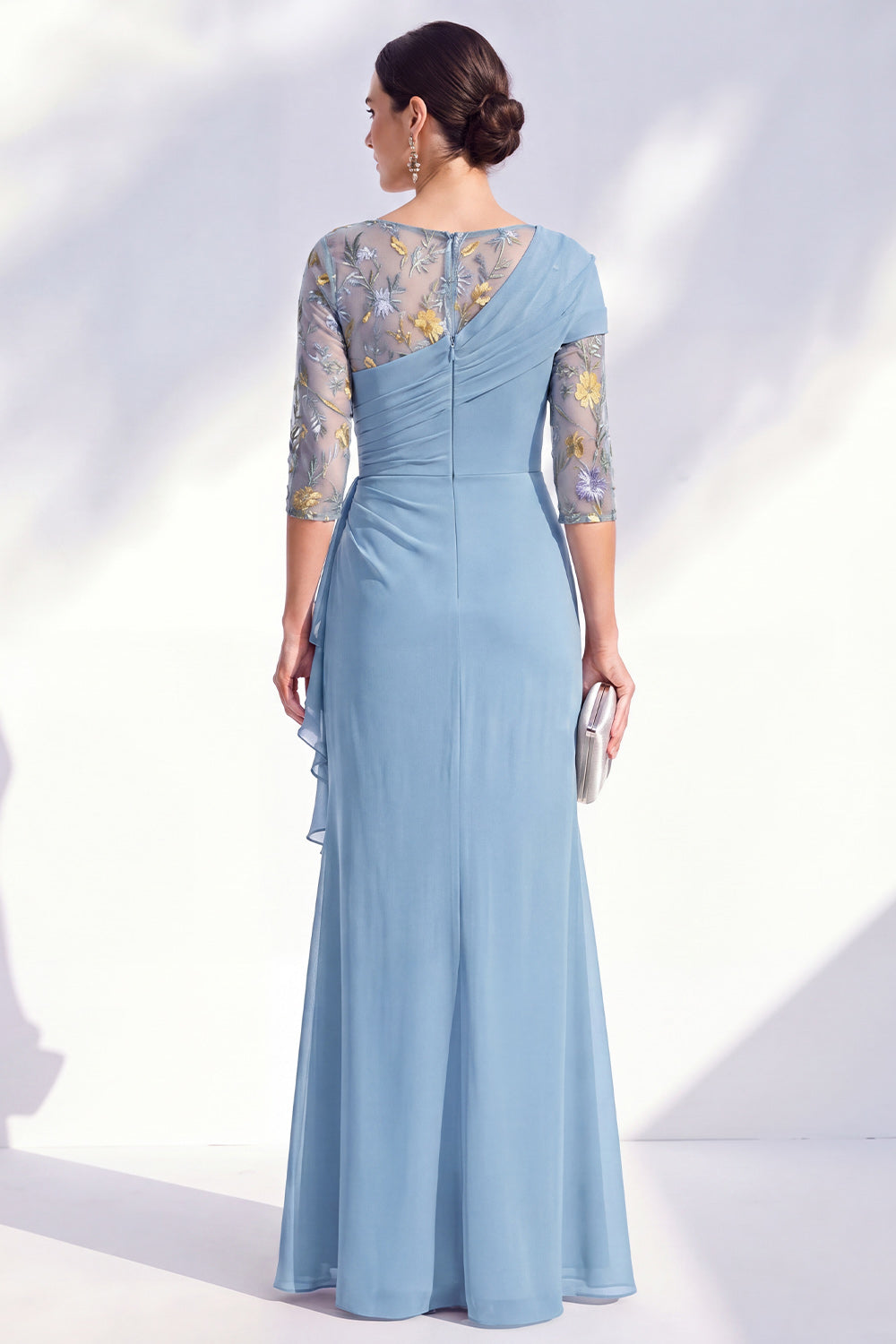 Navy Ruched Mermaid Chiffon Floral Long Mother of the Bride Dress with Ruffles