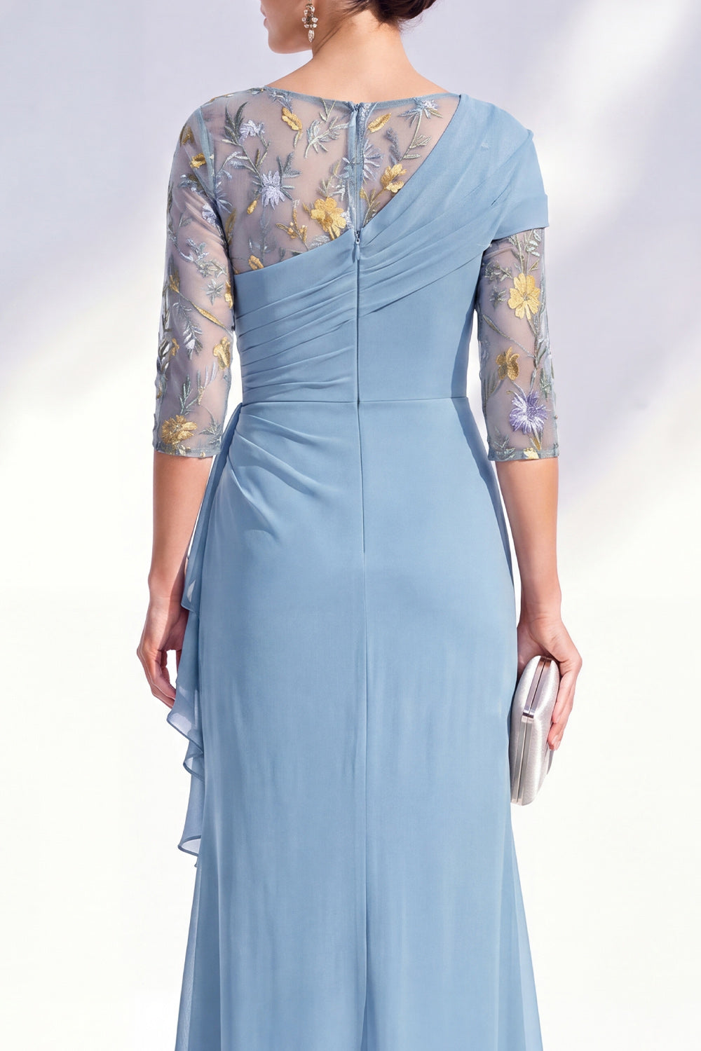 Navy Ruched Mermaid Chiffon Floral Long Mother of the Bride Dress with Ruffles