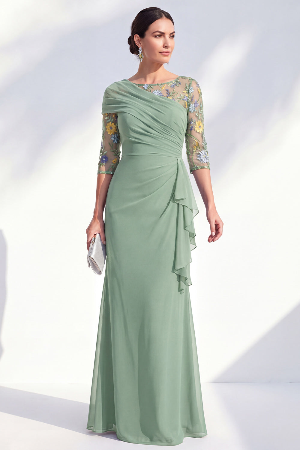 Navy Ruched Mermaid Chiffon Floral Long Mother of the Bride Dress with Ruffles