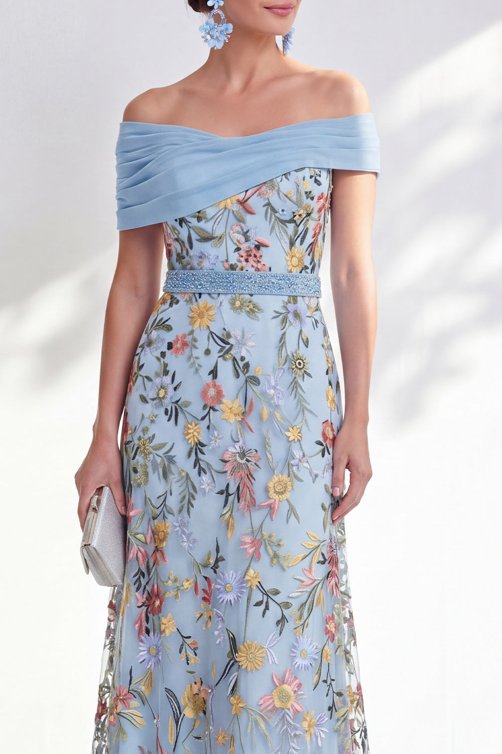 Blue Appiqued Floral Ruched Mermaid Long Mother of the Bride Dress