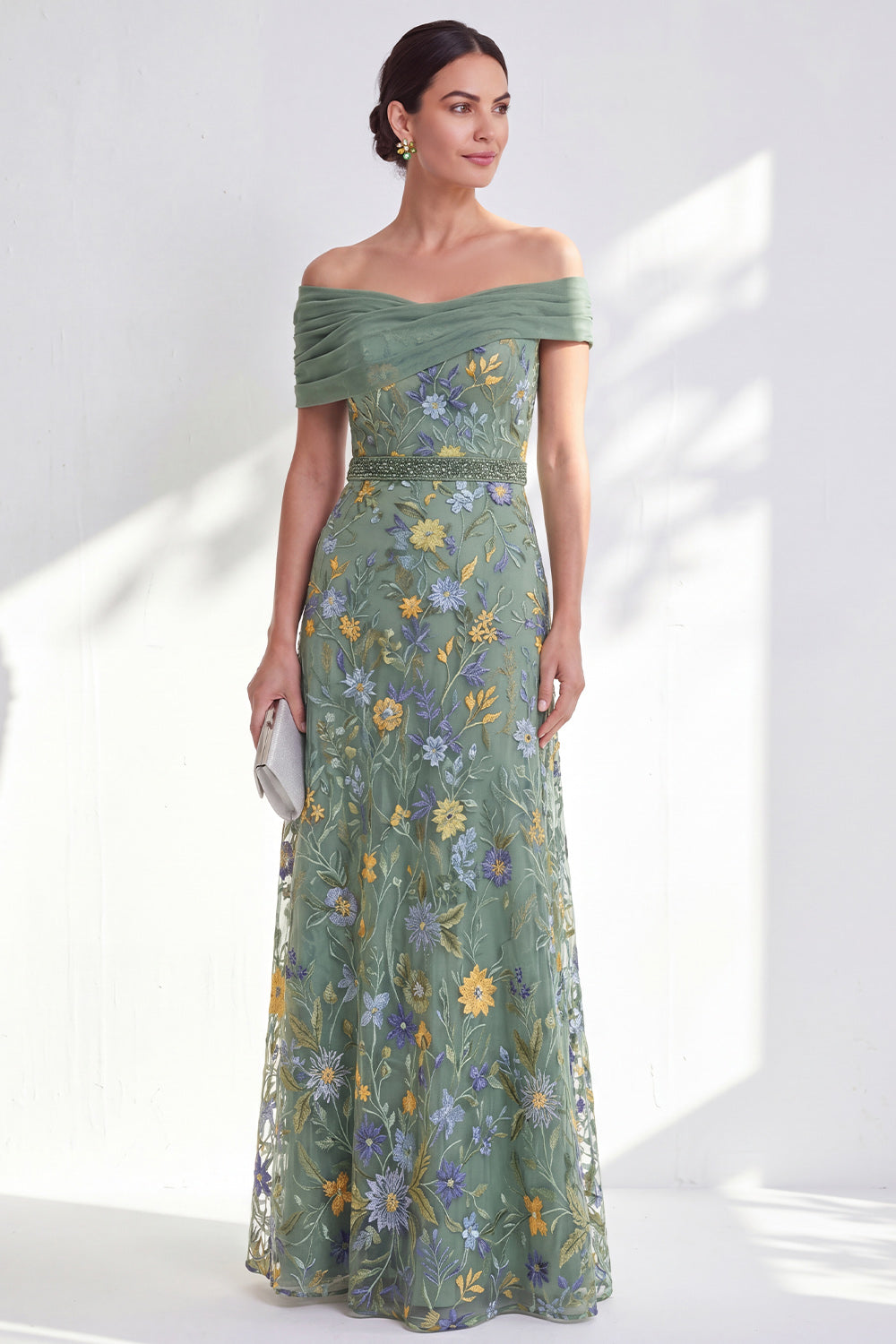 Blue Appiqued Floral Ruched Mermaid Long Mother of the Bride Dress