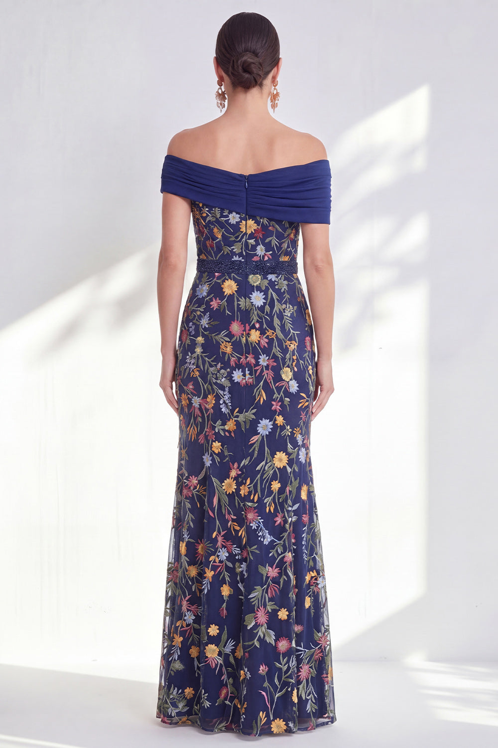 Blue Appiqued Floral Ruched Mermaid Long Mother of the Bride Dress