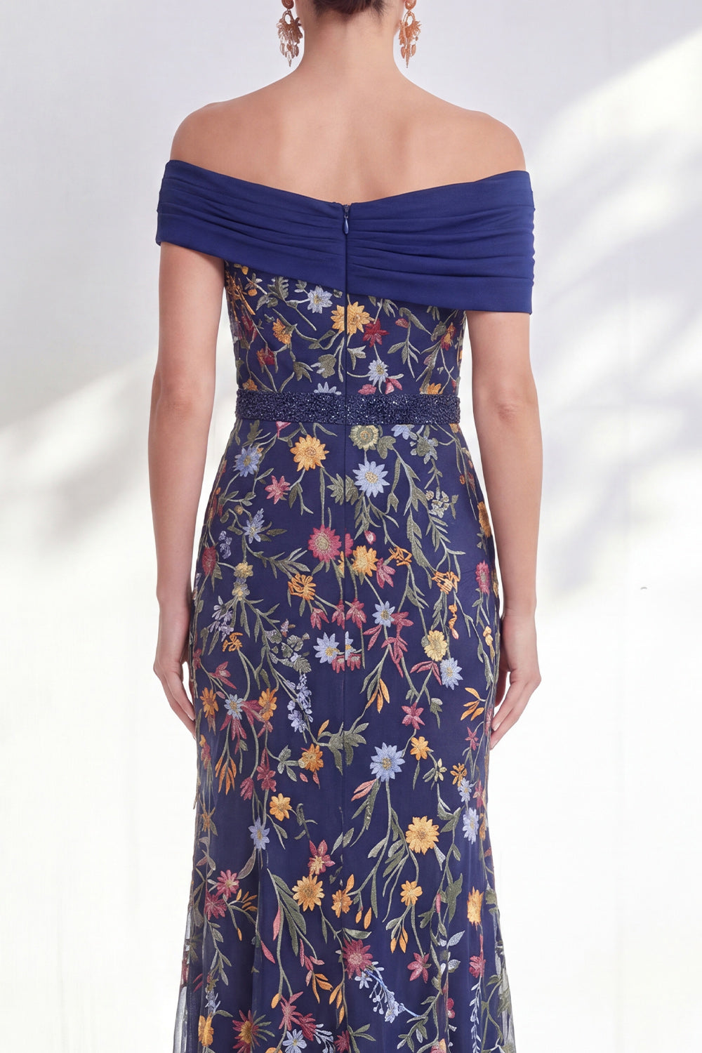 Blue Appiqued Floral Ruched Mermaid Long Mother of the Bride Dress
