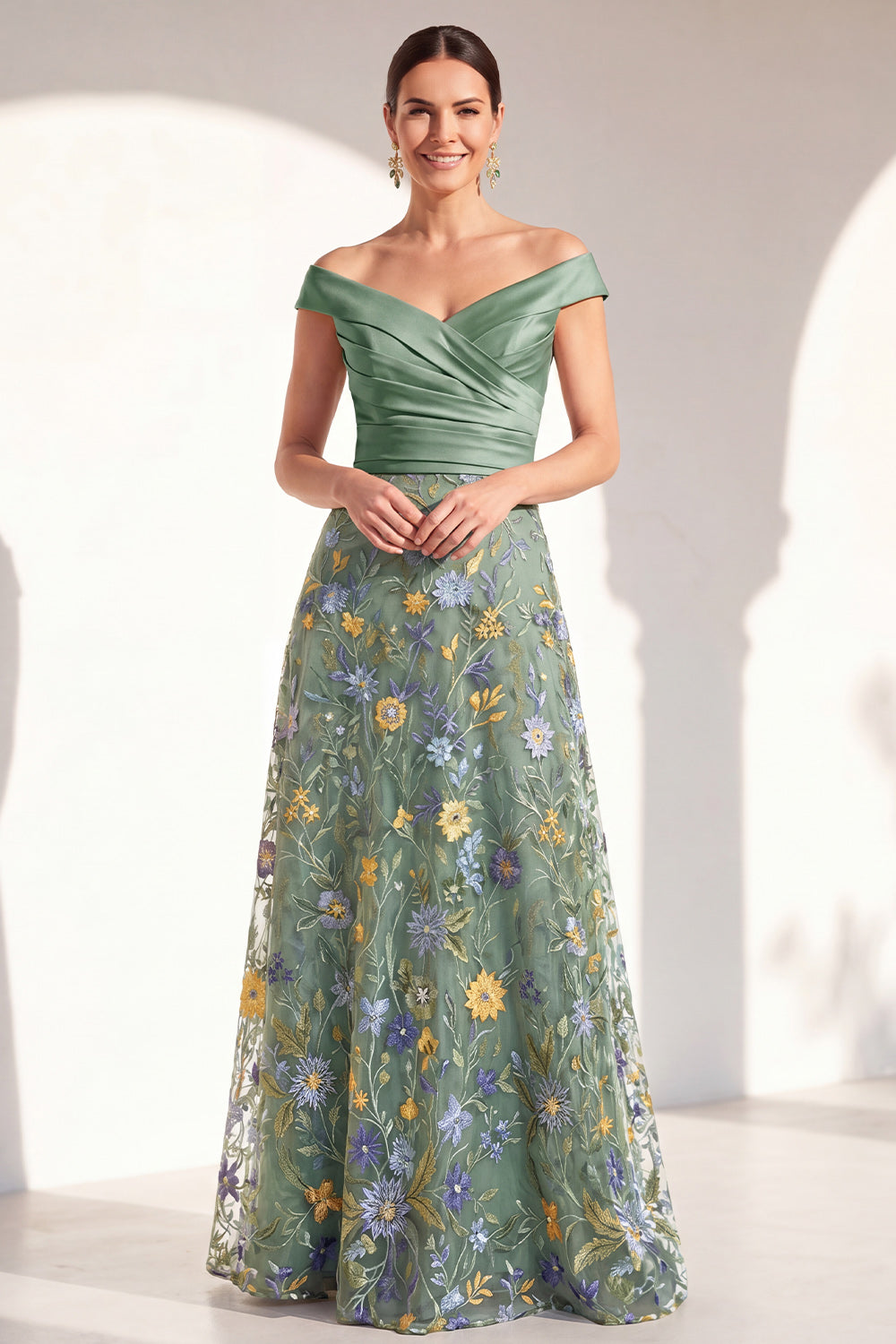 Grey Purple Floral Off the Shoulder Ruched Long Mother of the Bride Dress