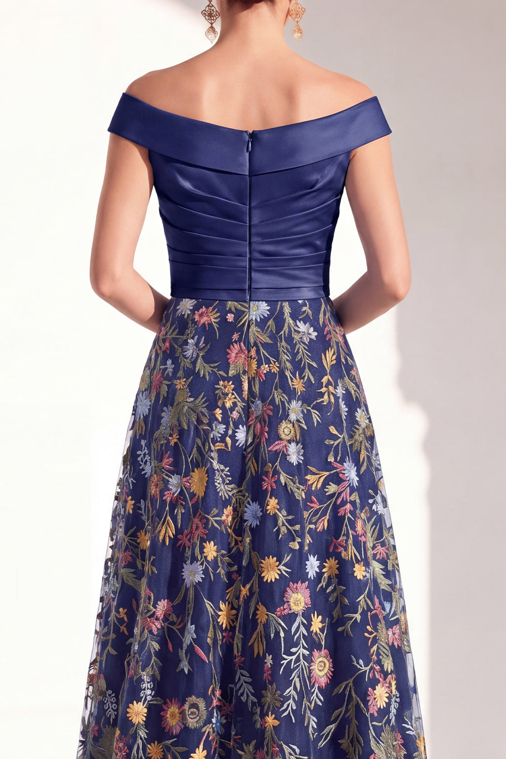 Grey Purple Floral Off the Shoulder Ruched Long Mother of the Bride Dress