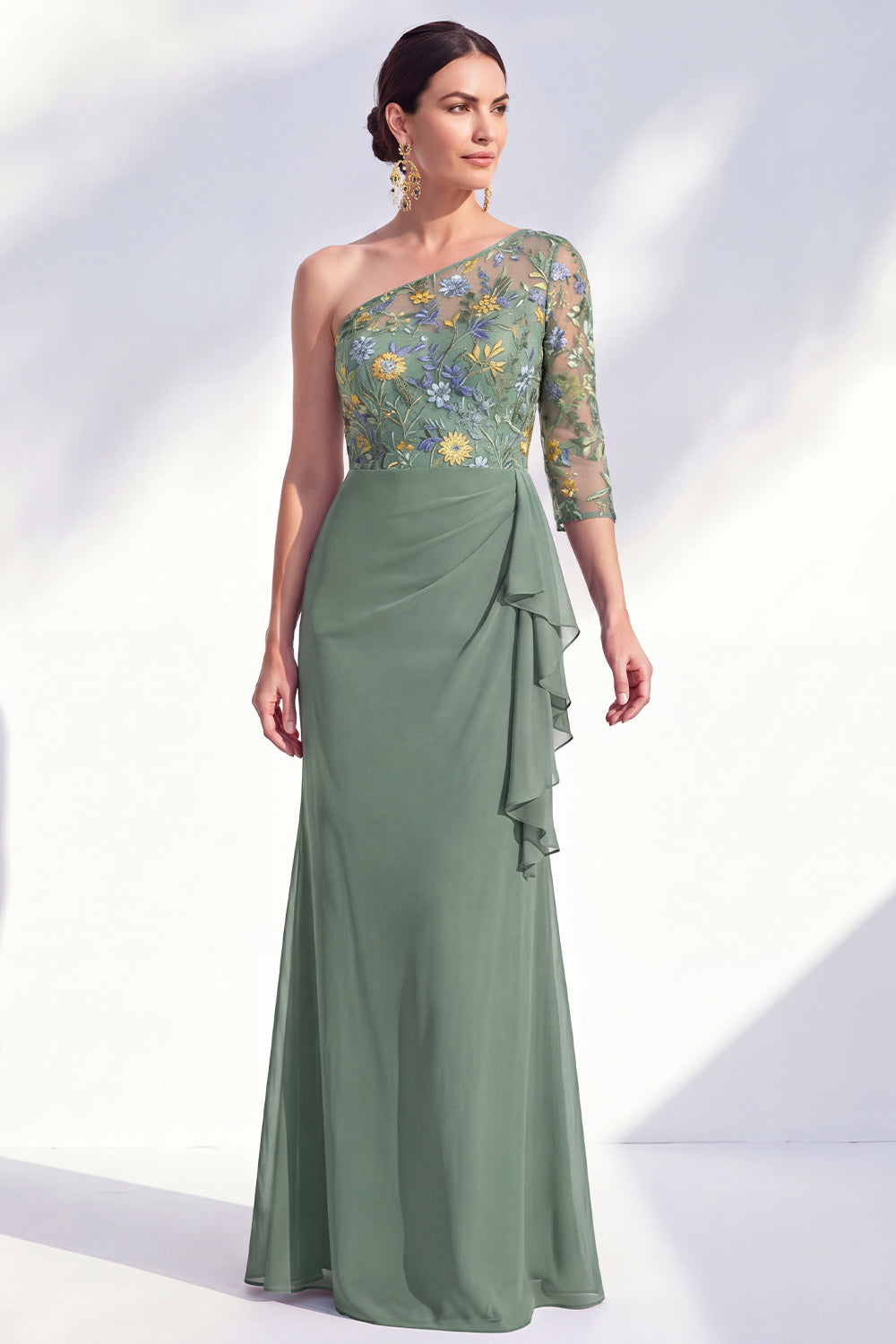 Green Ruched Ruffled Floral Mermaid Long Mother of the Bride Dress
