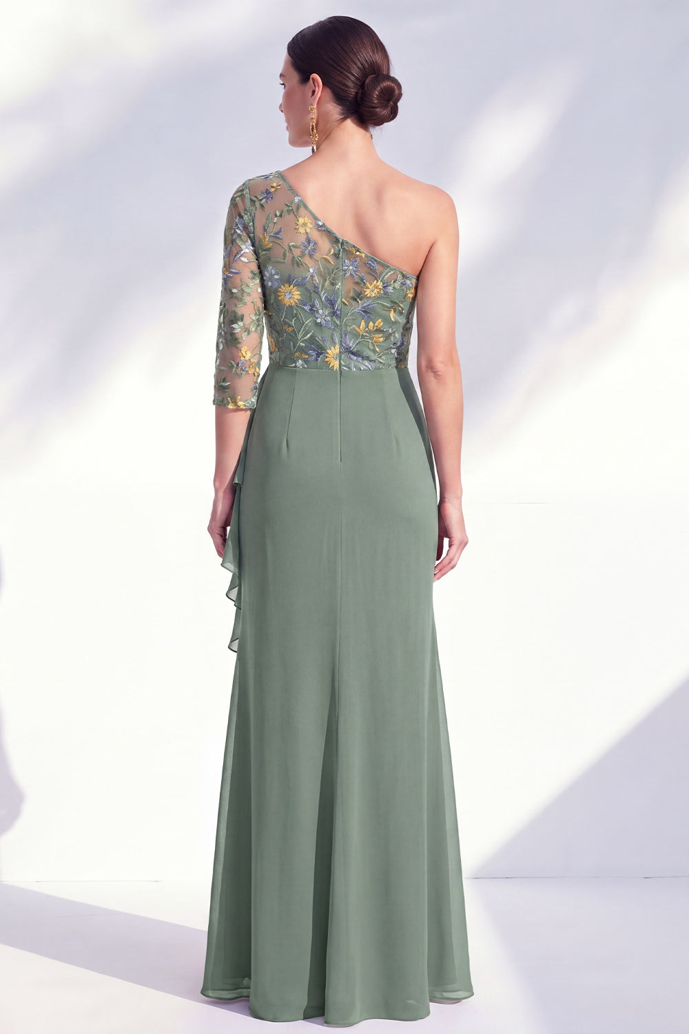 Green Ruched Ruffled Floral Mermaid Long Mother of the Bride Dress