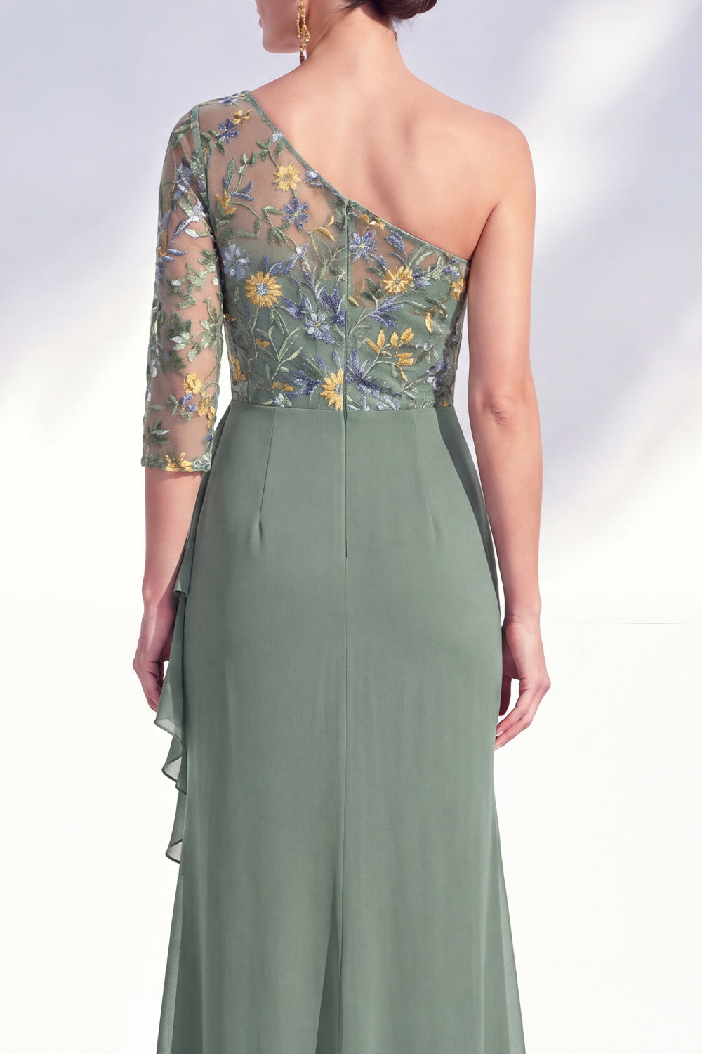 Green Ruched Ruffled Floral Mermaid Long Mother of the Bride Dress
