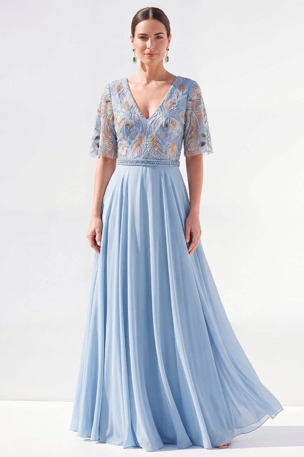 Sparkly V-Neck Blue Beaded Long Mother of the Bride Dress with Sleeves