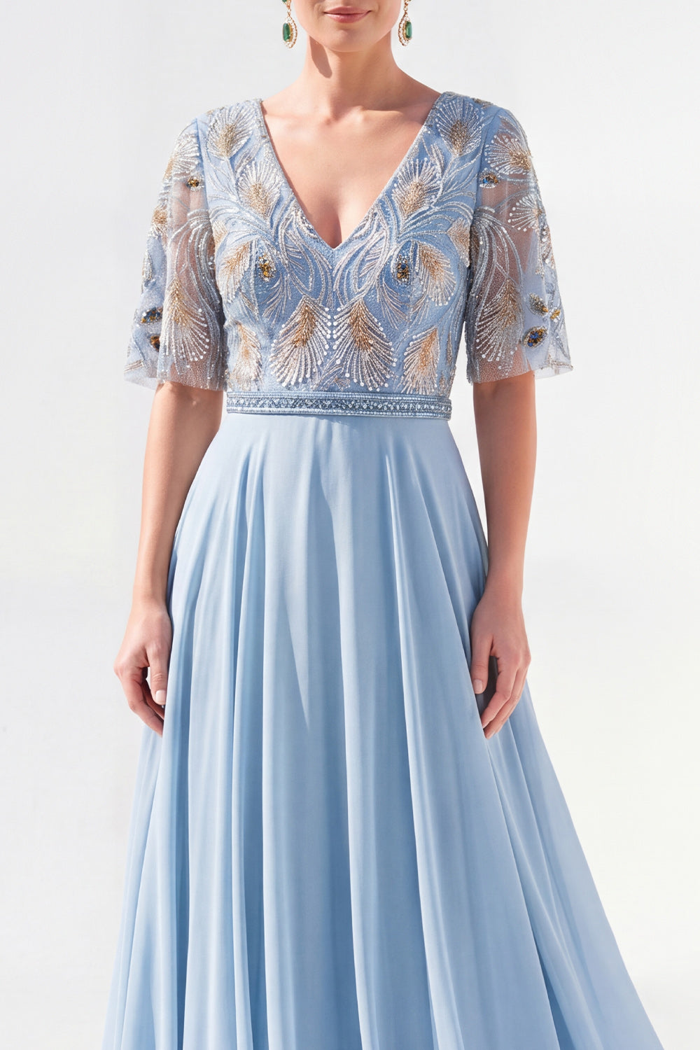 Sparkly V-Neck Blue Beaded Long Mother of the Bride Dress with Sleeves