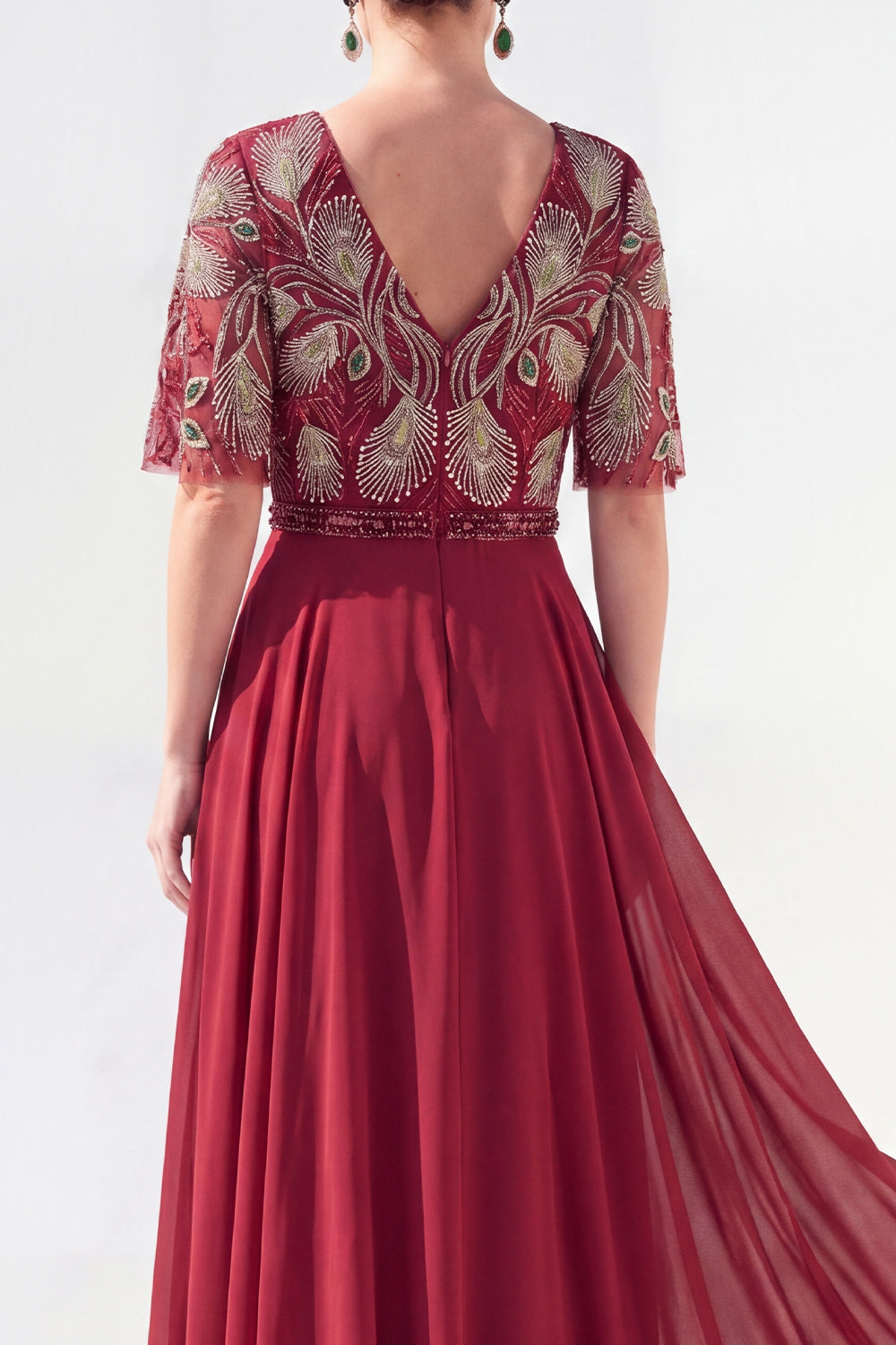 Sparkly V-Neck Blue Beaded Long Mother of the Bride Dress with Sleeves