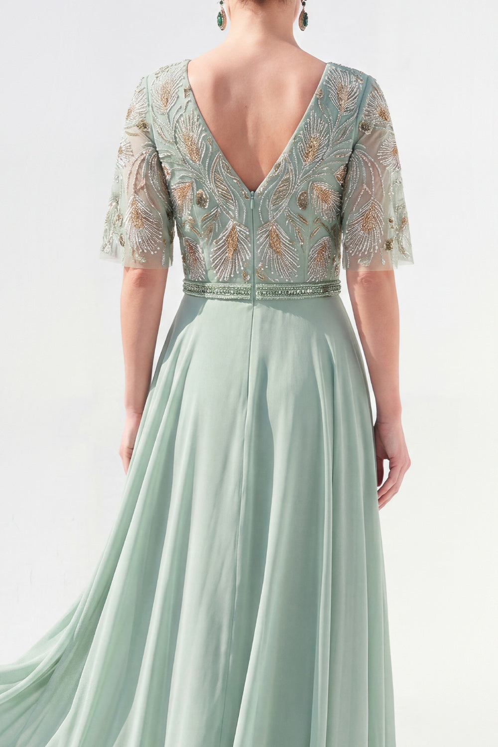 Sparkly V-Neck Blue Beaded Long Mother of the Bride Dress with Sleeves