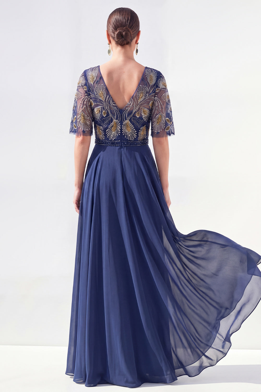 Sparkly V-Neck Blue Beaded Long Mother of the Bride Dress with Sleeves