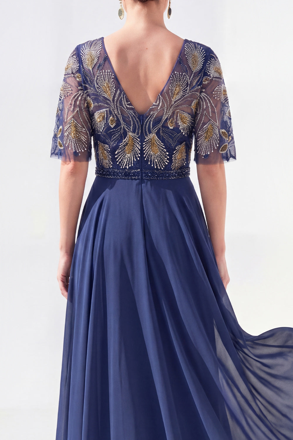 Sparkly V-Neck Blue Beaded Long Mother of the Bride Dress with Sleeves