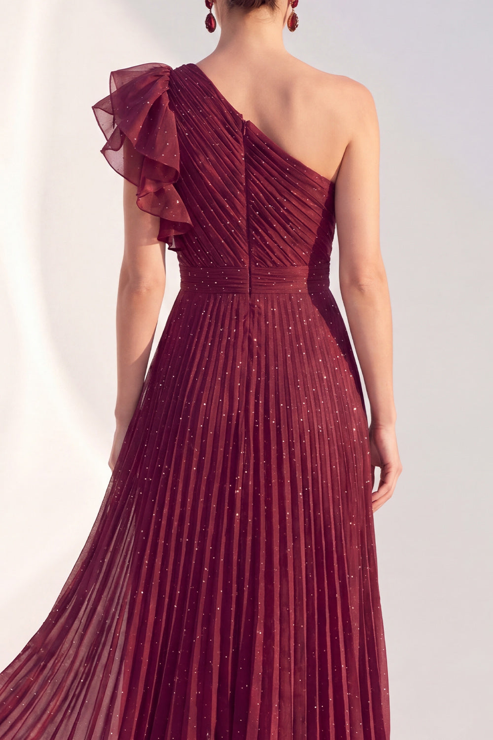 Glitter Burgundy A Line Ruffled Long Mother of the Bride Dress with Pleats
