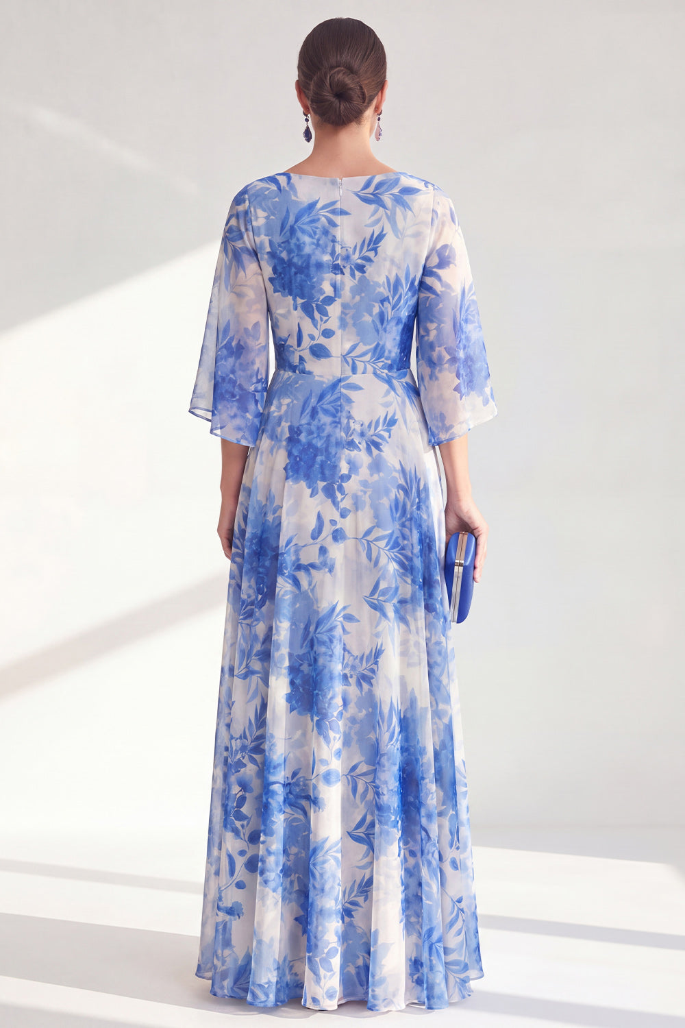 Floral Blue Boat Neck A Line Long Mother of the Bride Dress