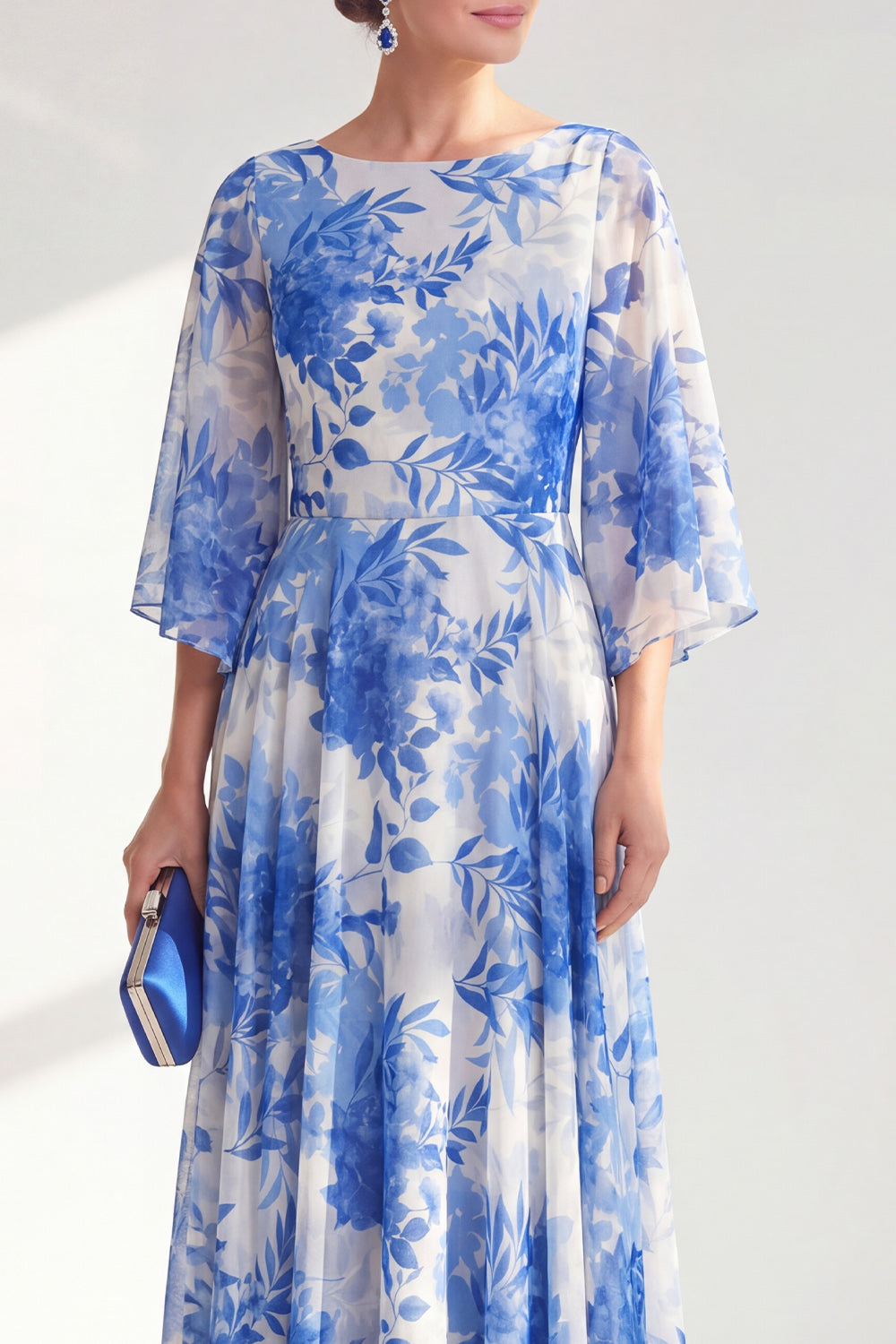 Floral Blue Boat Neck A Line Long Mother of the Bride Dress