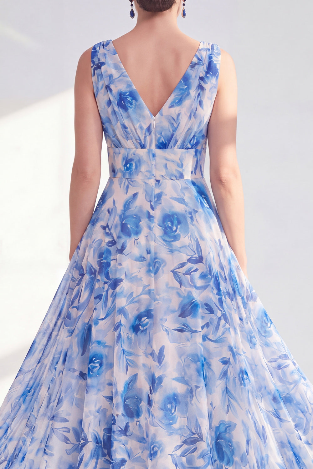 A Line Blue Printed V-Neck Floral Long Mother of the Bride Dress