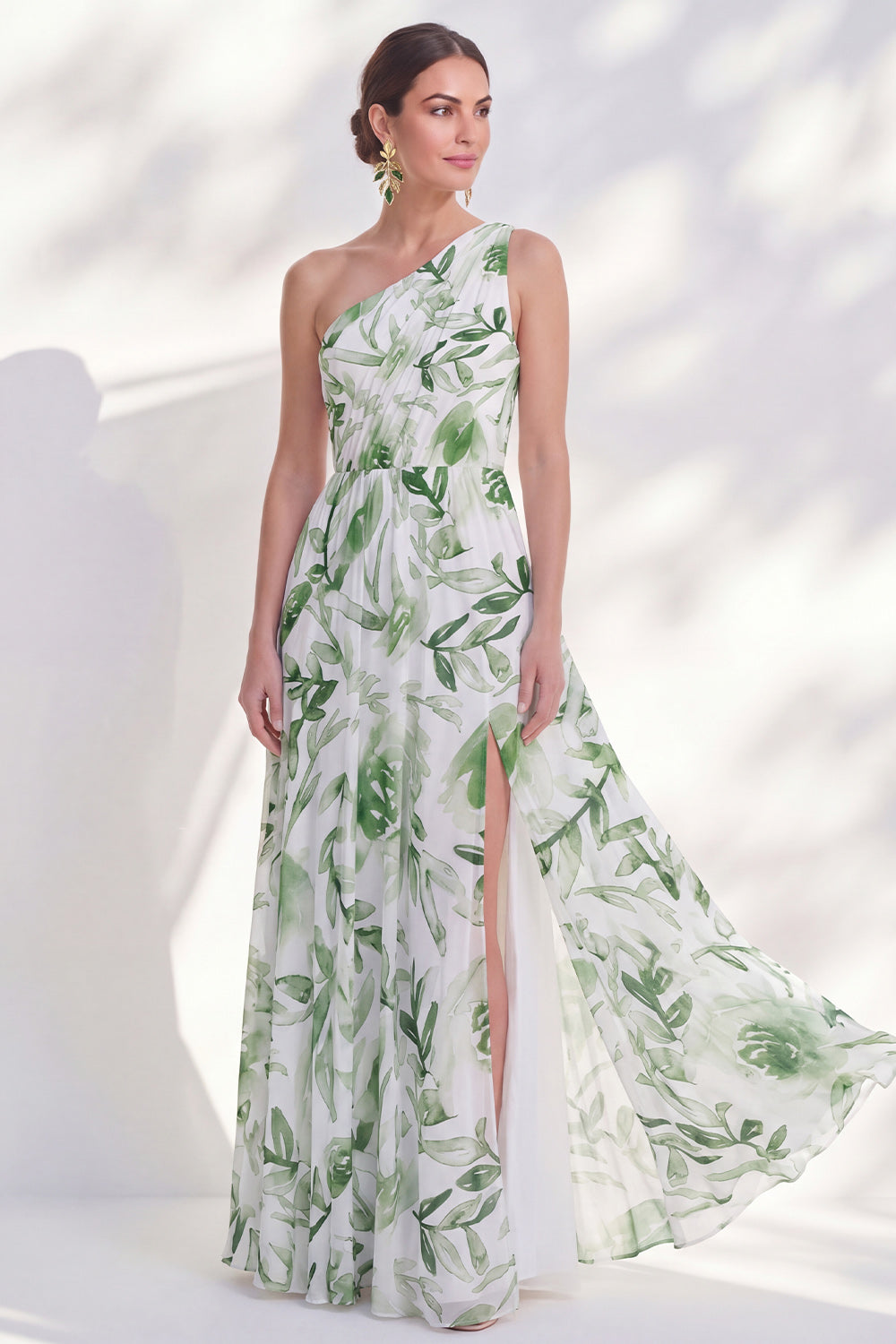 Green A Line Floral Printed Ruched Long Mother of the Bride Dress with Slit