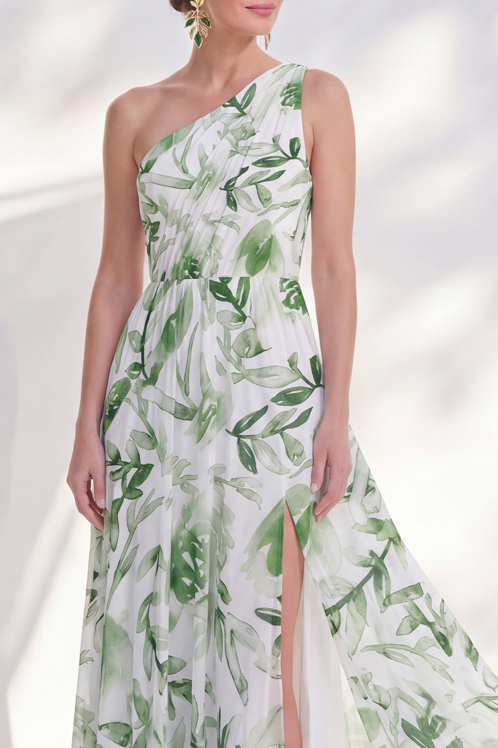 Green A Line Floral Printed Ruched Long Mother of the Bride Dress with Slit