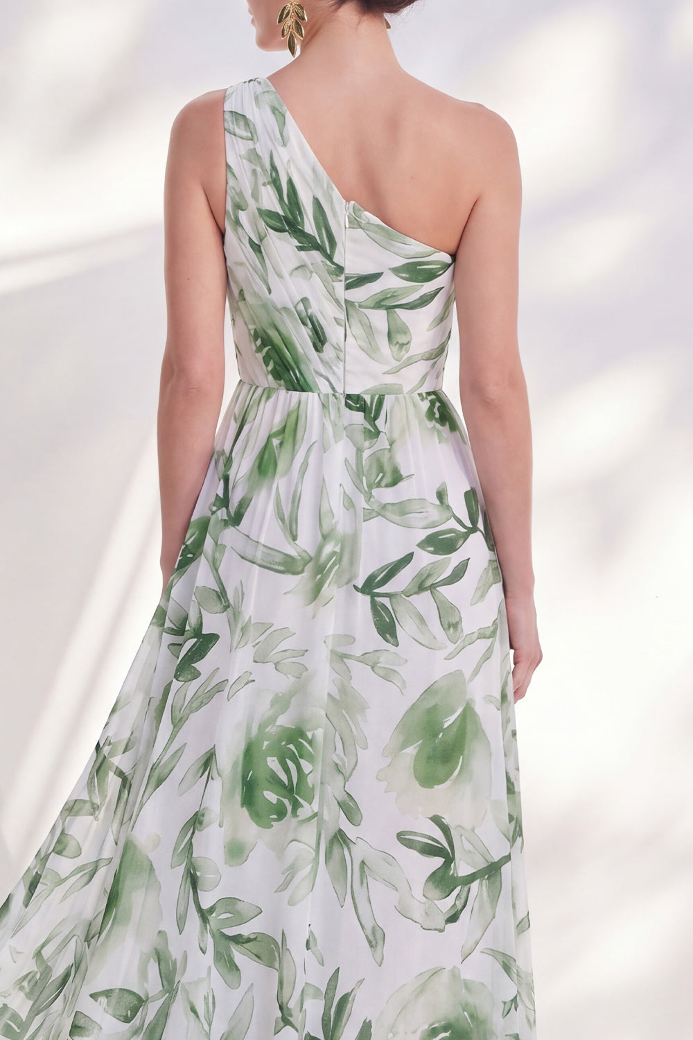 Green A Line Floral Printed Ruched Long Mother of the Bride Dress with Slit