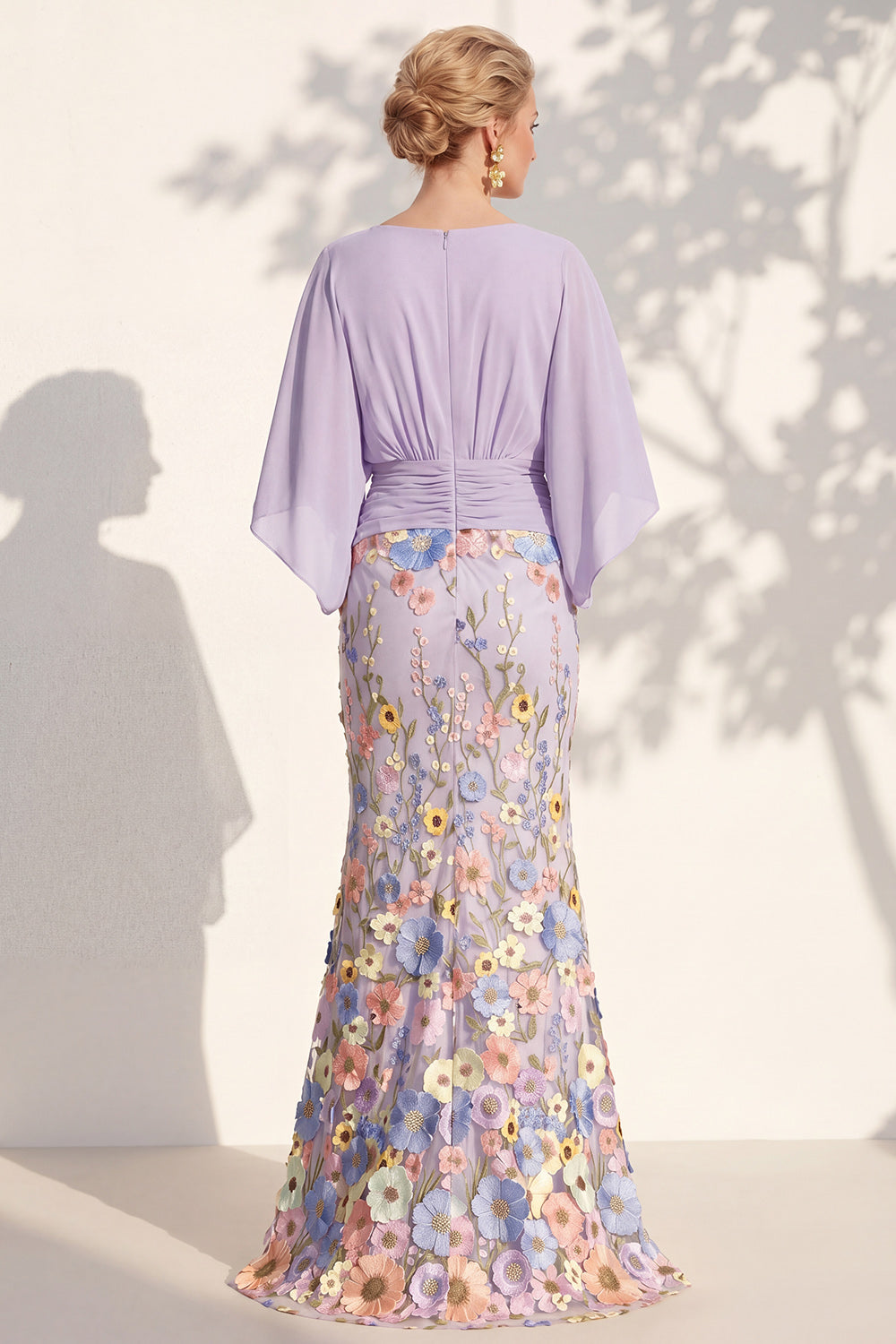 Floral Dark Green Mermaid V-Neck Long Wedding Guest Dress with Sleeves