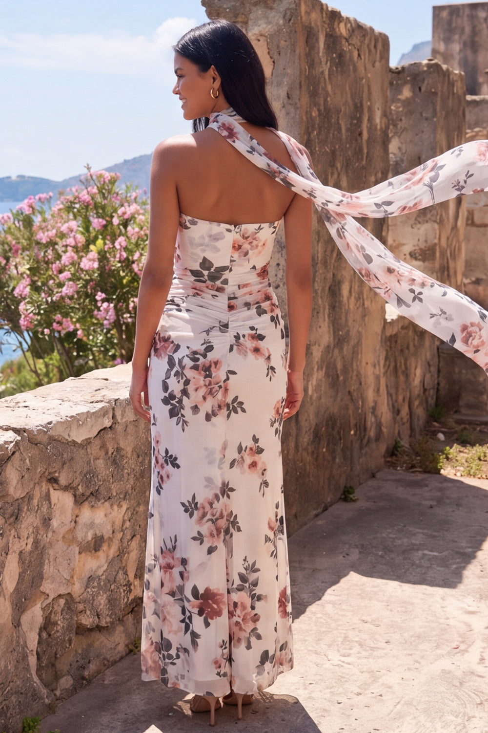 Ivory Mermaid Floral Strapless Ruched Maxi Wedding Guest Dress
