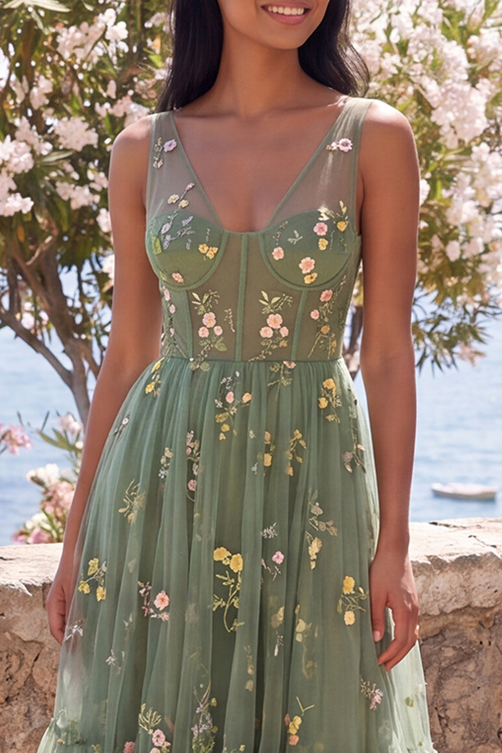 Dusty Sage Corset Appliqued A Line V-Neck Floral Maxi Wedding Guest Dress