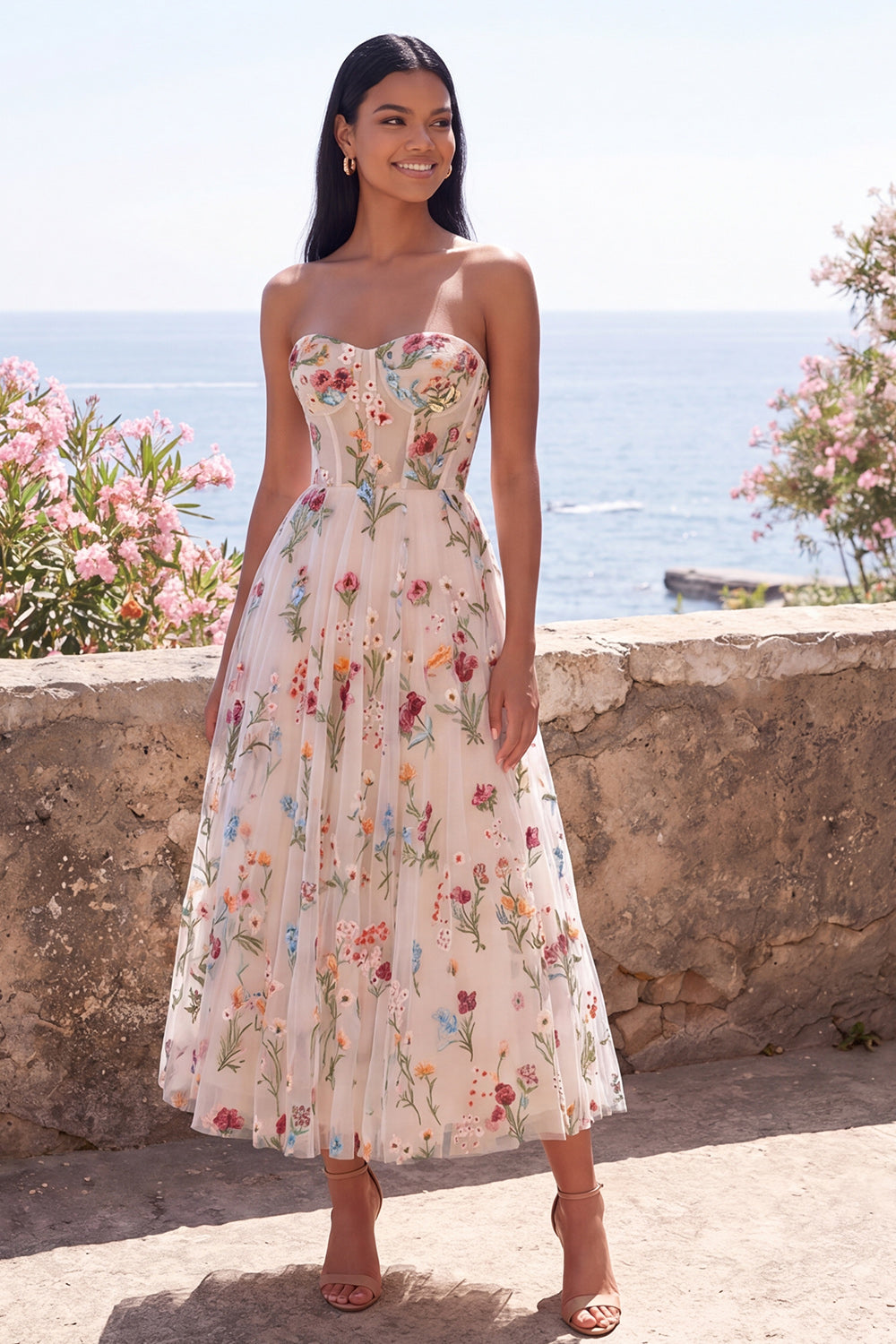 Ivory Strapless Corset A Line Floral Maxi Wedding Guest Dress