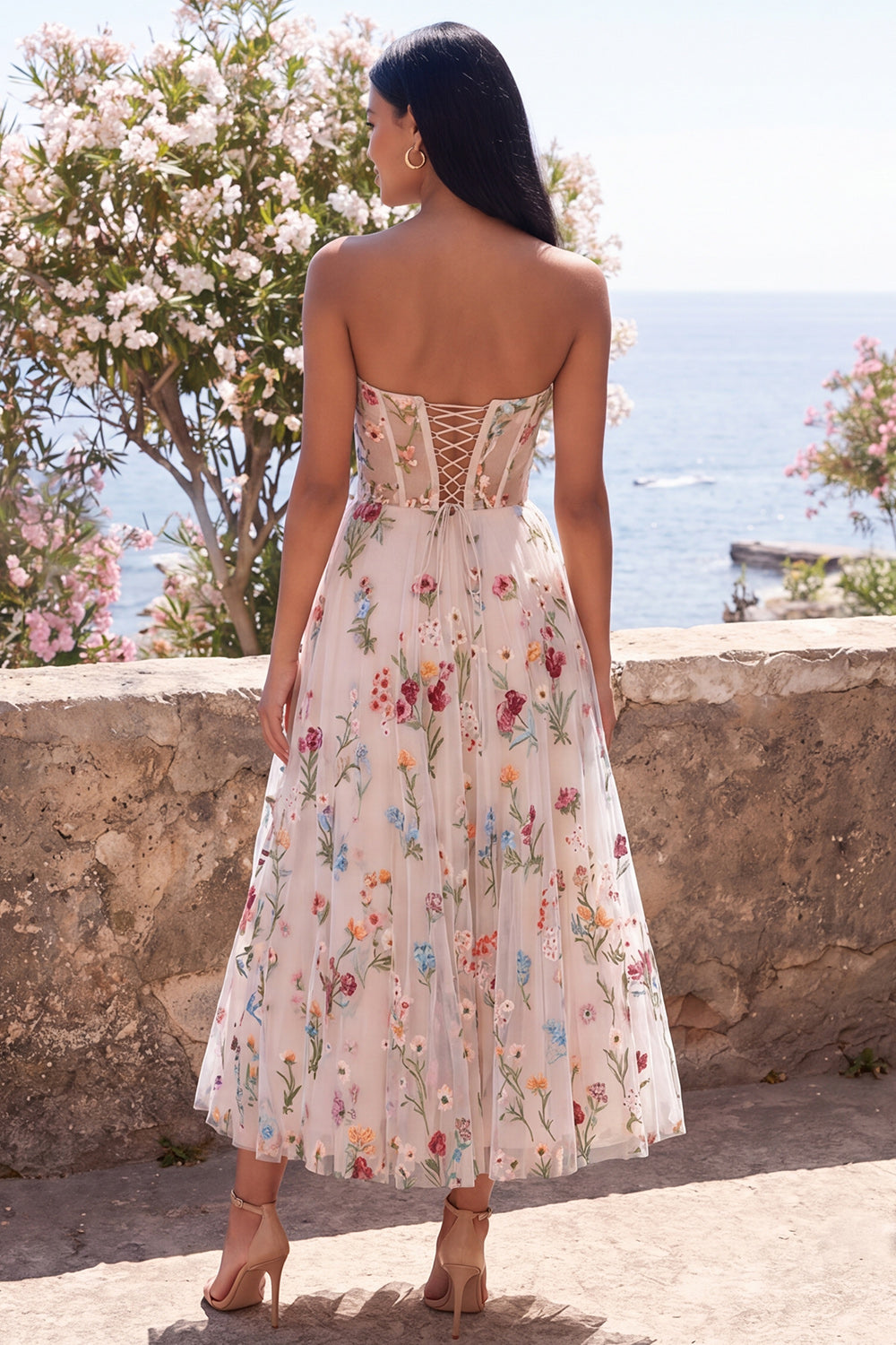 Ivory Strapless Corset A Line Floral Maxi Wedding Guest Dress