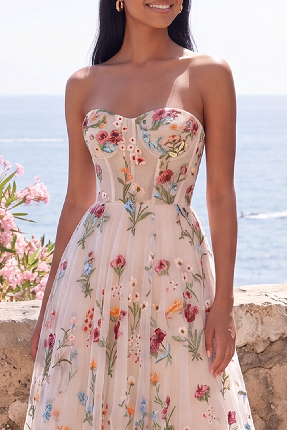 Ivory Strapless Corset A Line Floral Maxi Wedding Guest Dress