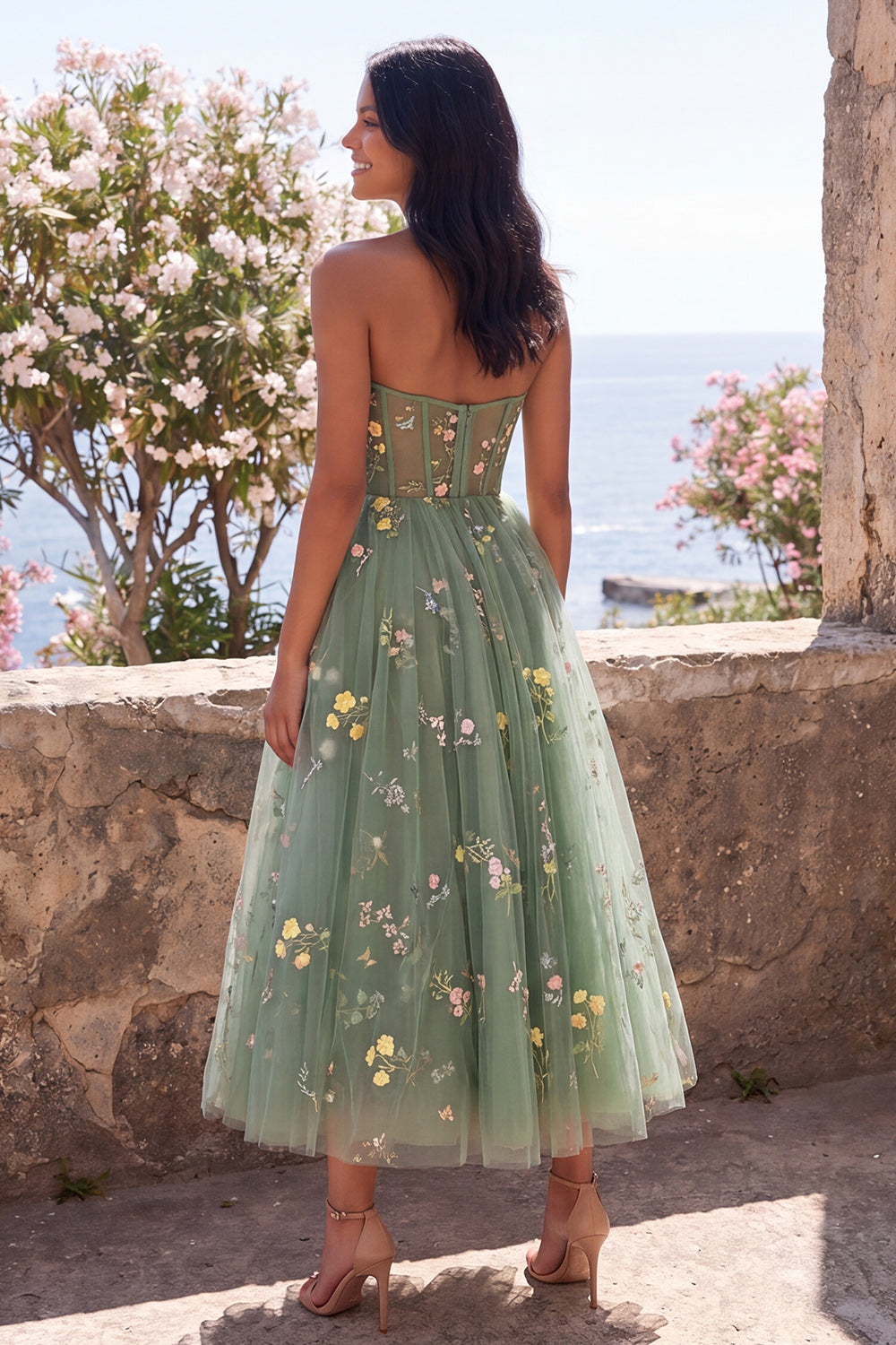 Dusty Sage Corset Strapless A Line Appliqued Maxi Wedding Guest Dress